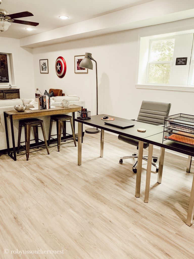 Home Office in basement showing laminate floors - Robyn's Southern Nest