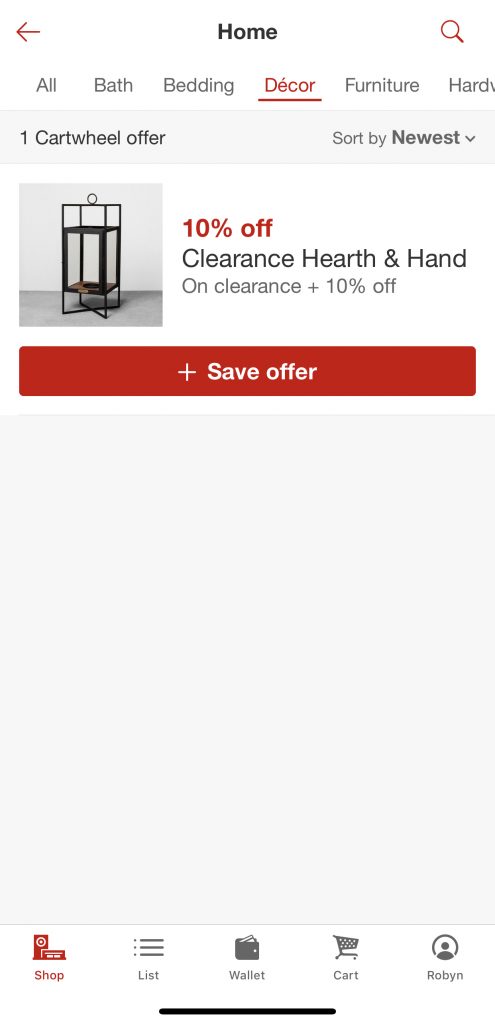 Target Cartwheel app showing 10% off of Home Decor 