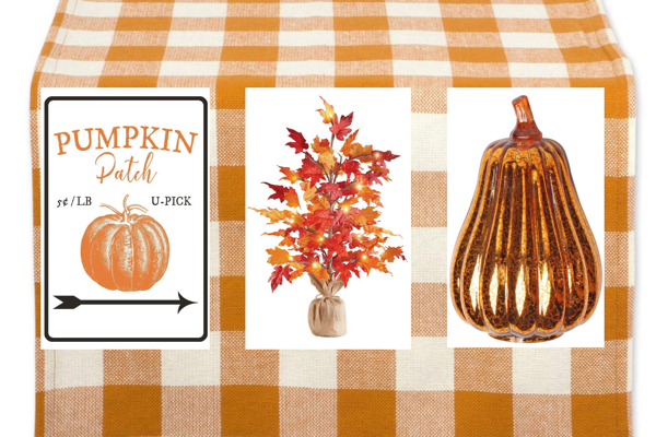 orange check table runner with pumpkin patch sing and a light up fall maple table top tree and a mercury glass light up pumpkin 
