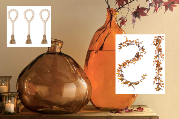 orange recycled glass vases with wood bead garland and a fall garland piece for decorating 