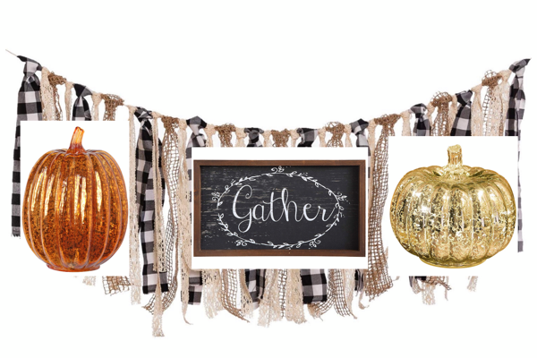 buffalo check garland with mercury glass pumpkins that light up and a fall sign that reads gather 