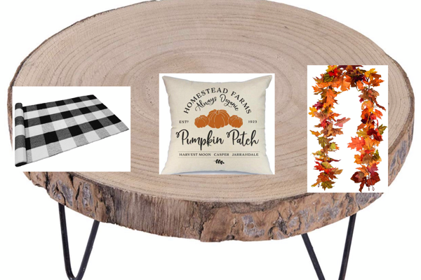 fall decor, tree stump stand, buffalo check rug, pumpkin patch pillow, and fall garland 