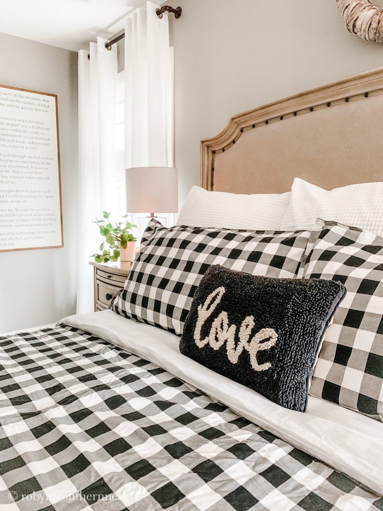 black and white pillow with love and buffalo check bedding 
