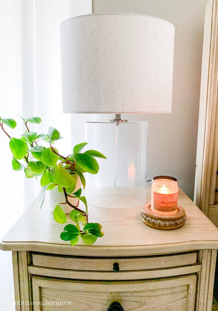 bedside table with plant and candle 