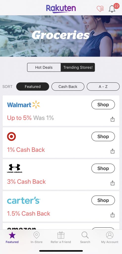 Rakuten App Showing savings at Trending Stores 