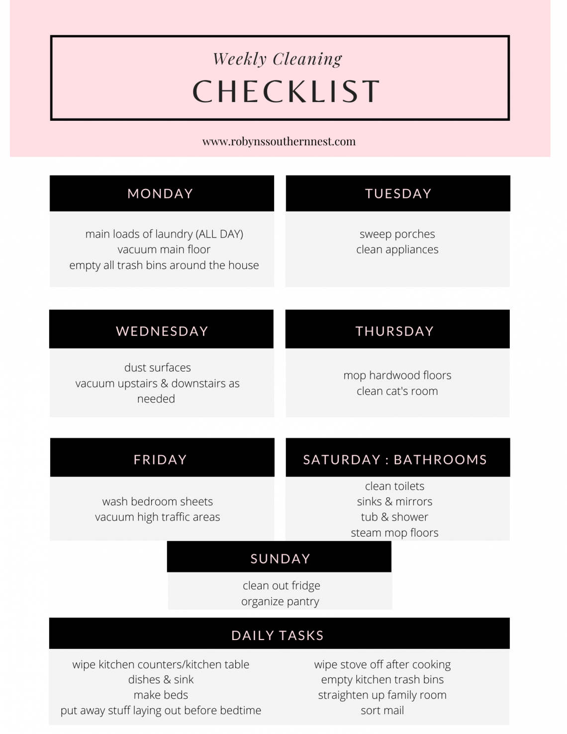 printable weekly cleaning checklist